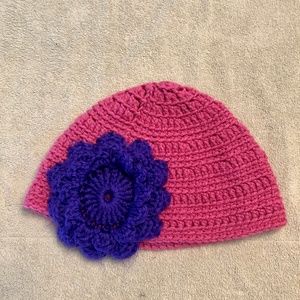 Children's Handmade Pink w/ Purple Flower Beanie
